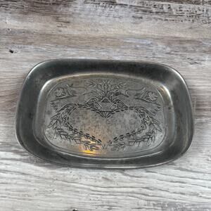 Vintage 70s Wilton Pewter Tray Oval Etched Birds Witchy Cottagecore Decor